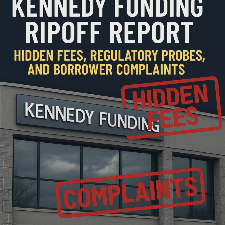 Close-up of legal documents and a magnifying glass highlighting text about Kennedy Funding Ripoff Report allegations and hidden fees