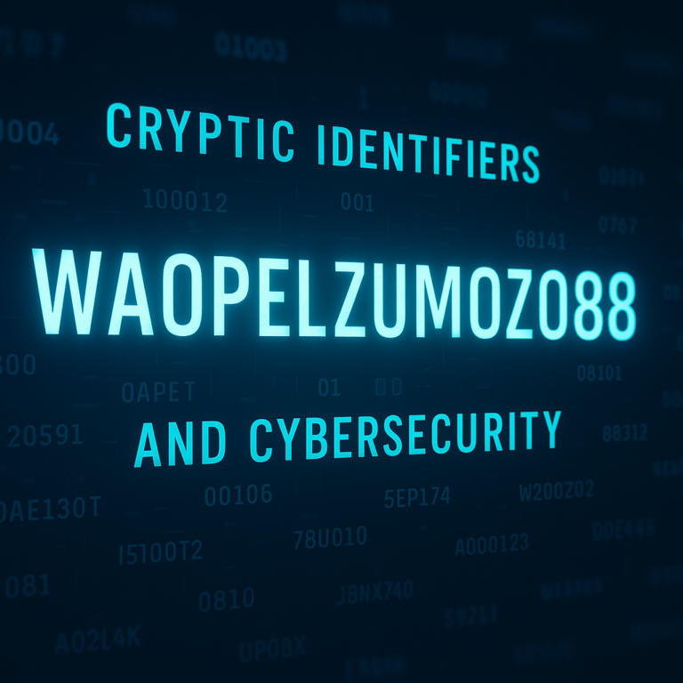 A digital illustration showcasing cryptic codes like "WASPELZUMOZ088" and "0APET" alongside binary strings (e.g., "01 00 08101") on a dark, futuristic background, symbolizing cybersecurity and encrypted identifiers.