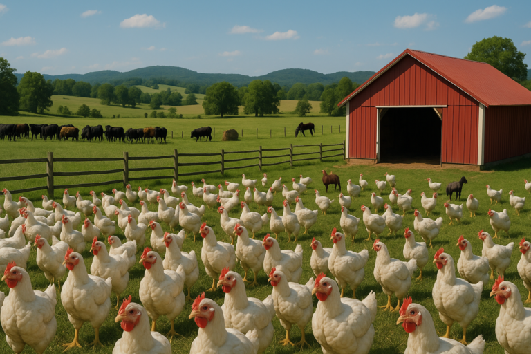 Broiler chickens grazing near a red barn with cattle and horses in the background on a sunny day in rural Chattooga County, Georgia.