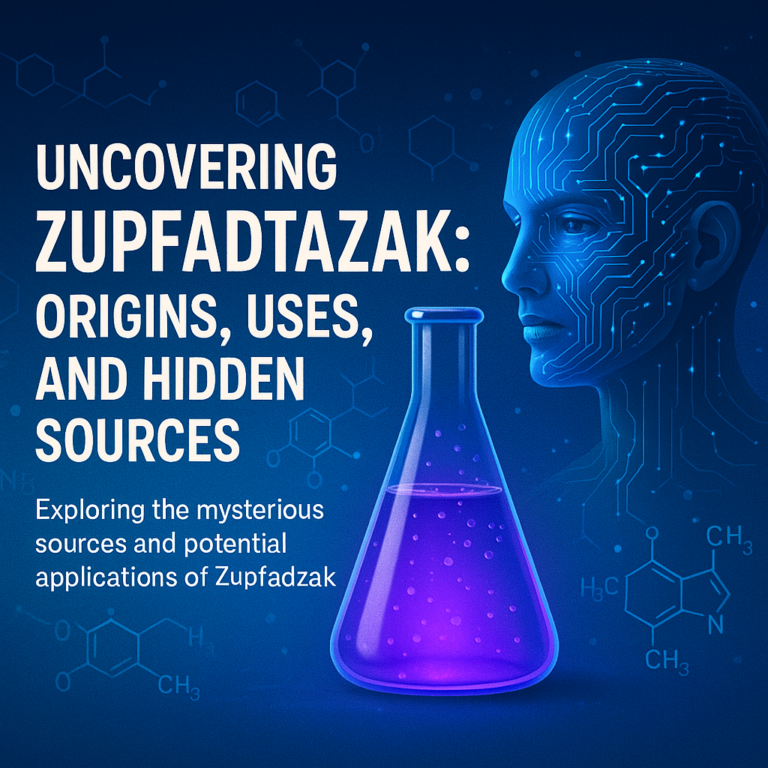 A digital science-fiction-style image showing a glowing lab flask with purple liquid, an AI head with circuit patterns, and chemical diagrams in a blue abstract background.