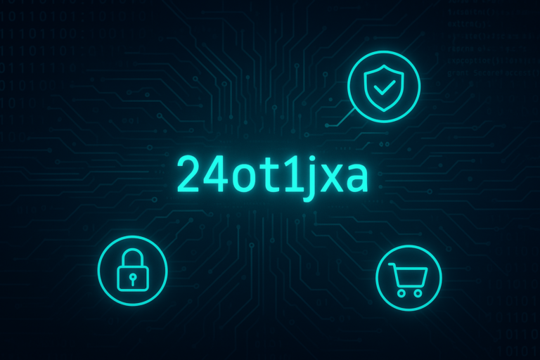Glowing alphanumeric code 24ot1jxa at the center of a futuristic digital interface with icons representing tech and cybersecurity.