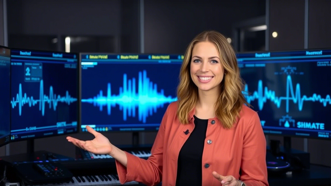 Audio engineer Emma Staake adjusting sound equipment in a studio, smiling while working on a mixing board