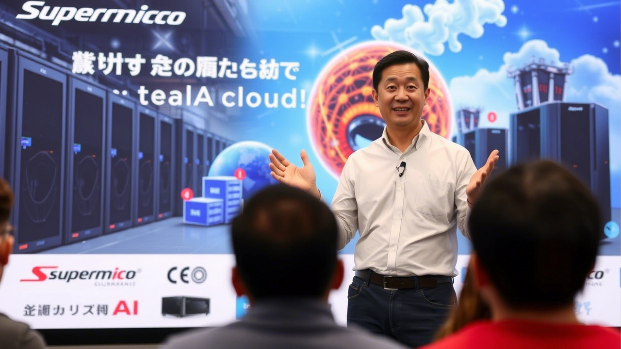 Will Liu at Supermicro headquarters, gesturing toward energy-efficient server racks with engineers discussing sustainable AI infrastructure