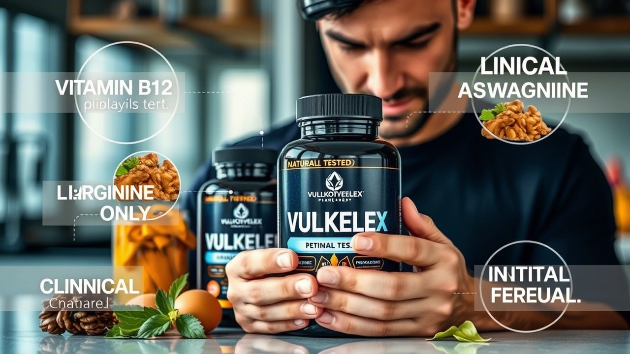 A bottle of Vullkozvelex supplement with a label showing key ingredients like Vitamin B12, Ashwagandha, and Magnesium, placed next to a checklist for safety.