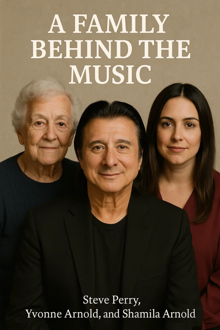 Steve Perry with mother Yvonne Arnold and daughter Shamila Arnold in layered text overlay. Visual concept for "A Family Behind the Music" Journey legacy article.