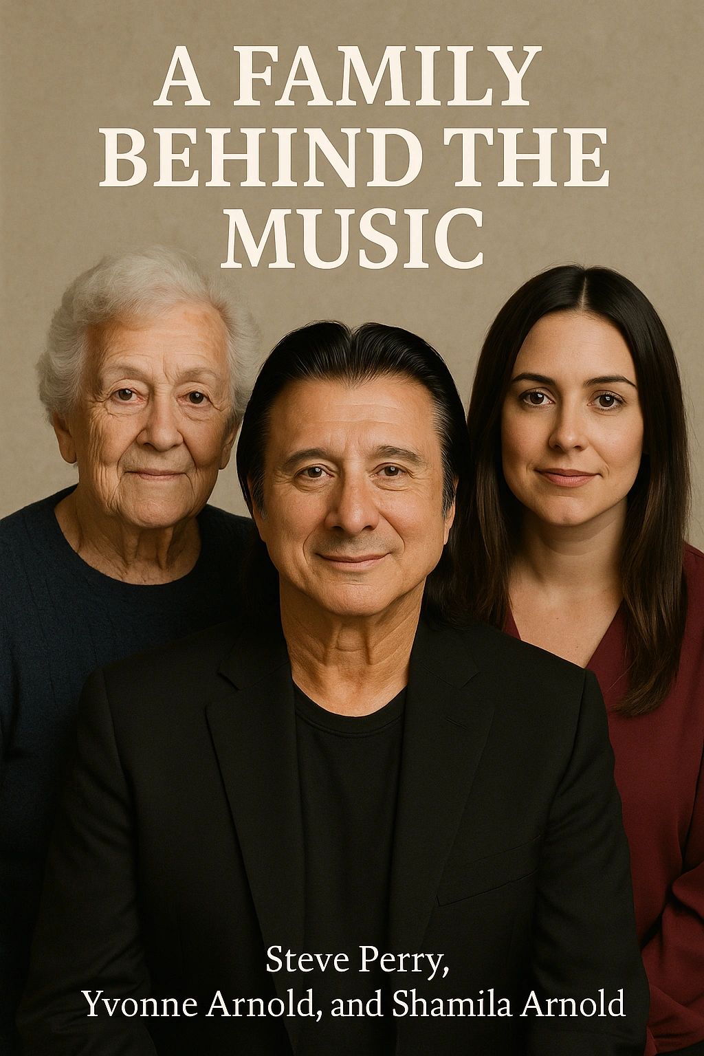 Steve Perry with mother Yvonne Arnold and daughter Shamila Arnold in layered text overlay. Visual concept for "A Family Behind the Music" Journey legacy article.
