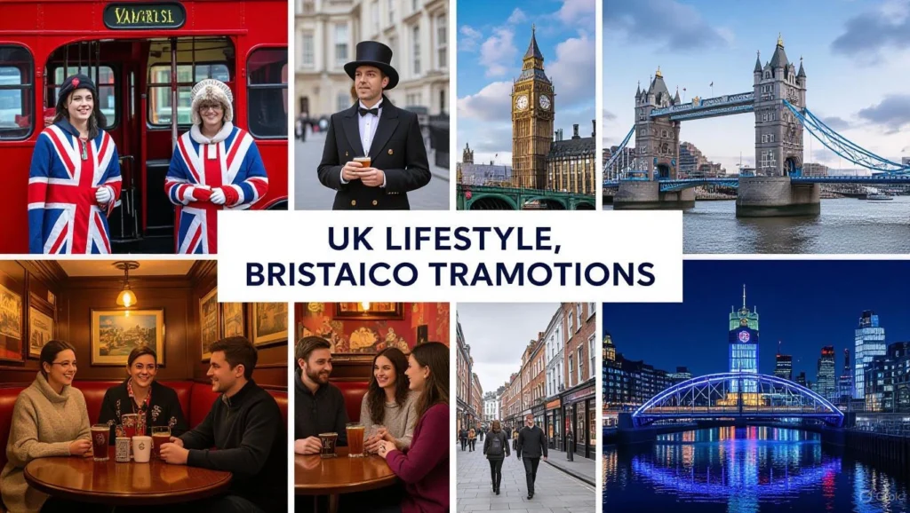 A vibrant collage showcasing UK lifestyle and quirky British traditions, featuring people queuing by red double-decker buses, enjoying tea and pints in a pub, strolling along the South Bank, and exploring the Night Tube, with iconic landmarks like Big Ben, Tower Bridge, and the London Eye in the background.